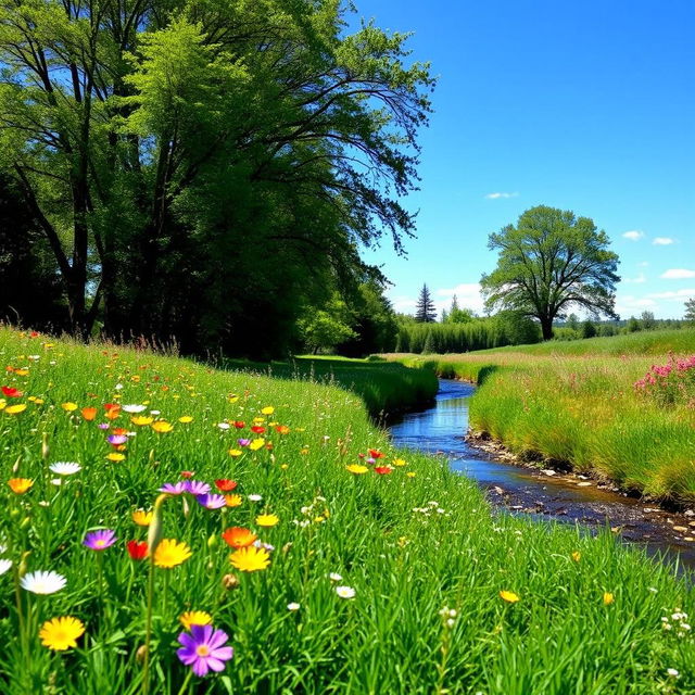 A serene landscape featuring a lush green meadow with colorful wildflowers, a clear blue sky, and a gentle stream flowing through