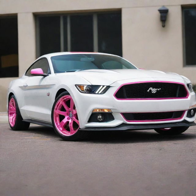 A stylish all-white Mustang with chrome pink tinted windows and chrome pink rims, gleaming under a bright light.