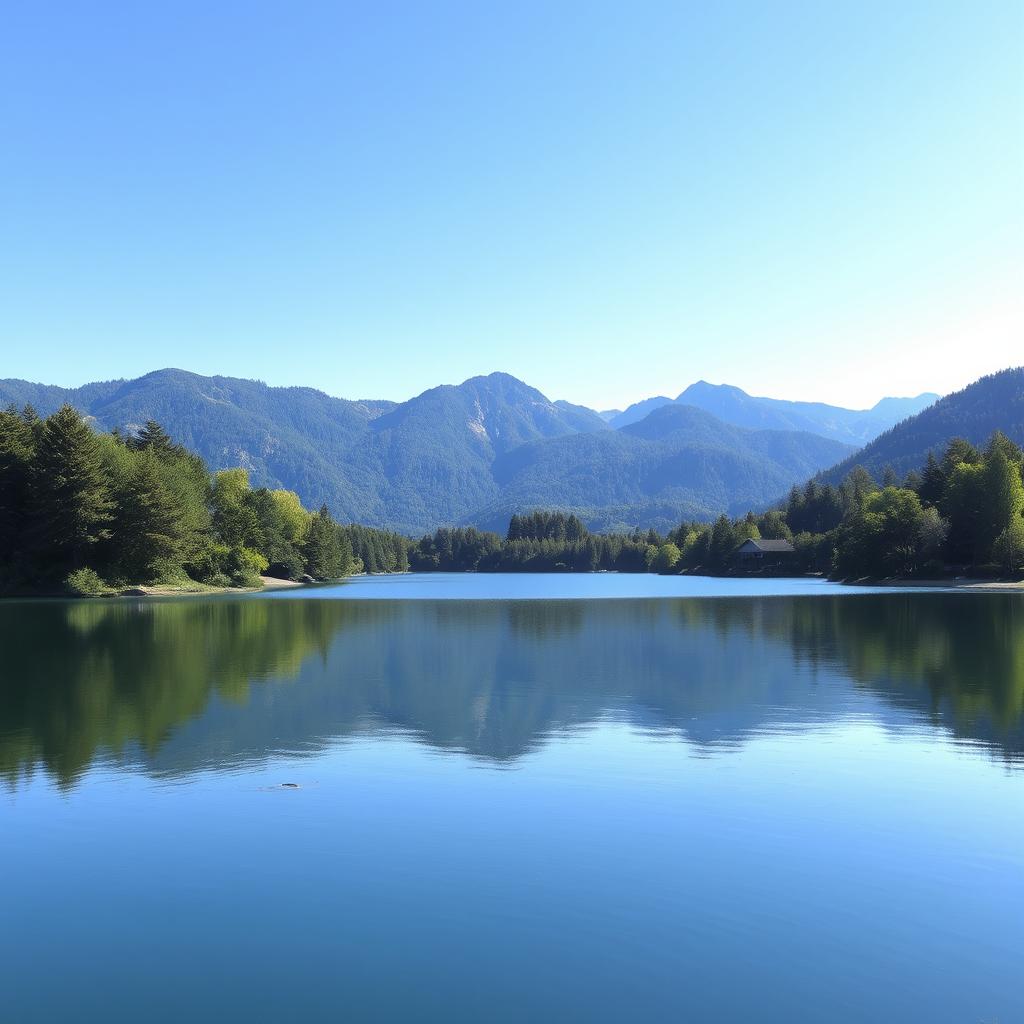 A serene landscape featuring a calm lake surrounded by lush green trees and mountains in the background under a clear blue sky