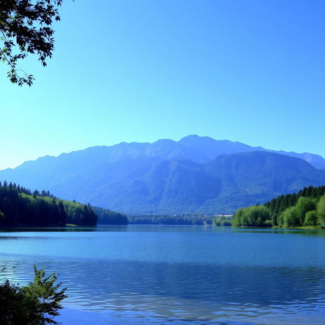 A serene landscape featuring a calm lake surrounded by lush green trees and mountains in the background under a clear blue sky