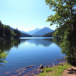 A serene landscape featuring a calm lake surrounded by lush green trees and mountains in the background under a clear blue sky