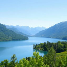 A serene landscape featuring a calm lake surrounded by lush green trees and mountains in the background under a clear blue sky