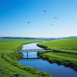 A serene landscape with a clear blue sky, lush green fields, and a calm river flowing through