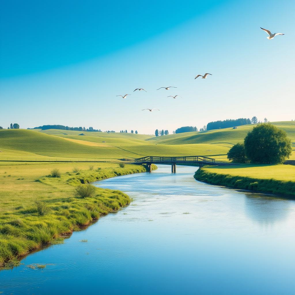 A serene landscape with a clear blue sky, lush green fields, and a calm river flowing through