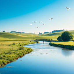 A serene landscape with a clear blue sky, lush green fields, and a calm river flowing through