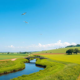 A serene landscape with a clear blue sky, lush green fields, and a calm river flowing through