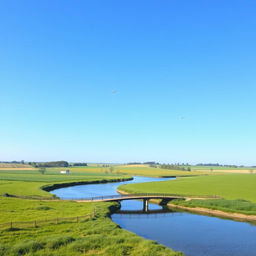 A serene landscape with a clear blue sky, lush green fields, and a calm river flowing through