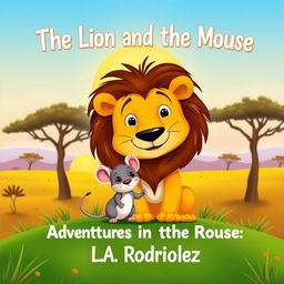 A children's book cover for 'The Lion and the Wise Mouse: Adventures in the Savannah' by L