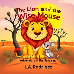 A children's book cover for 'The Lion and the Wise Mouse: Adventures in the Savannah' by L