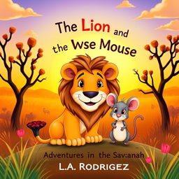 A children's book cover for 'The Lion and the Wise Mouse: Adventures in the Savannah' by L