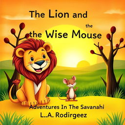 A children's book cover for 'The Lion and the Wise Mouse: Adventures in the Savannah' by L