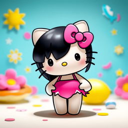 A Hello Kitty character with black hair, wearing a pink bikini