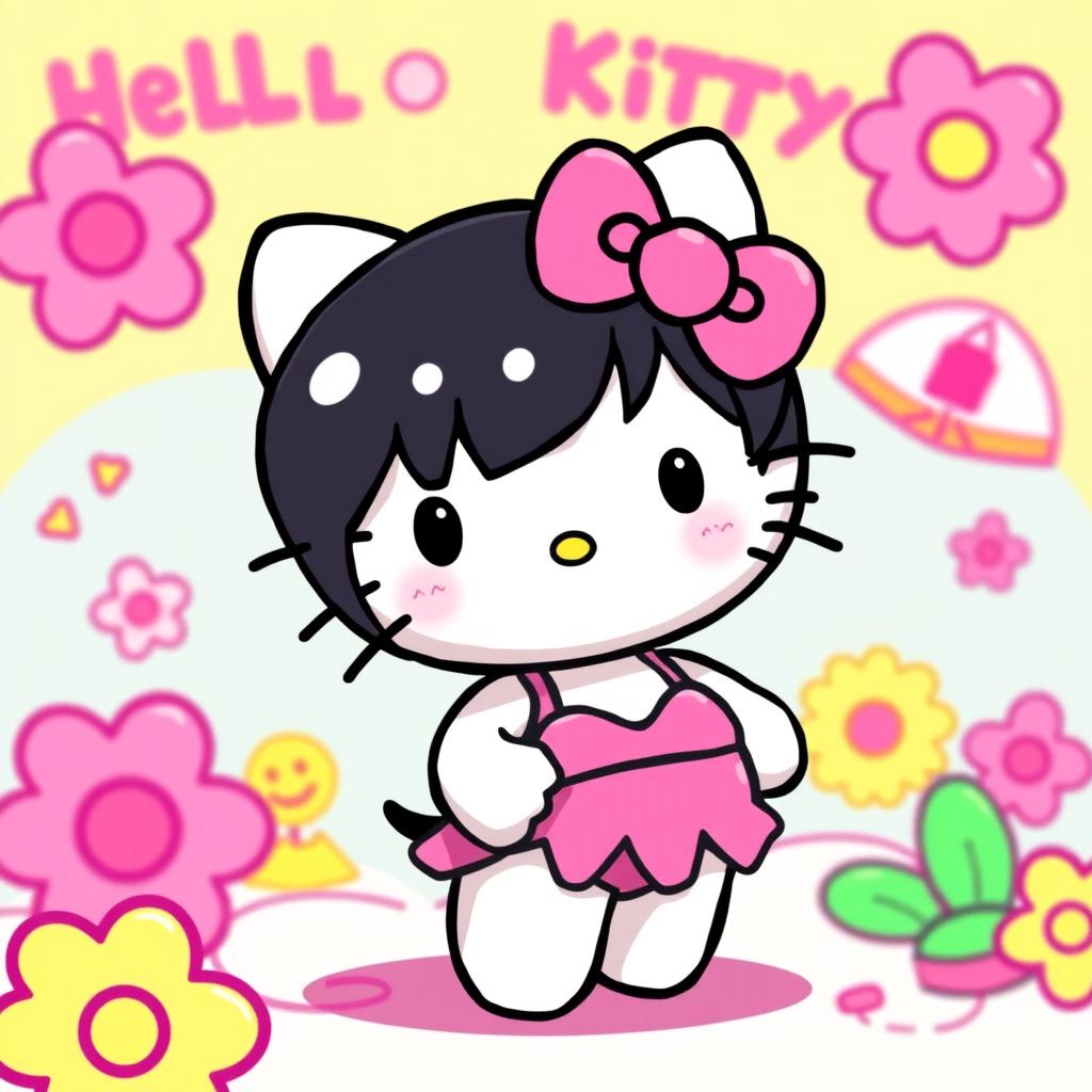 A Hello Kitty character with black hair, wearing a pink bikini