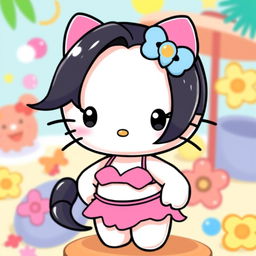 A Hello Kitty character with black hair, wearing a pink bikini