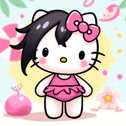 A Hello Kitty character with black hair, wearing a pink bikini