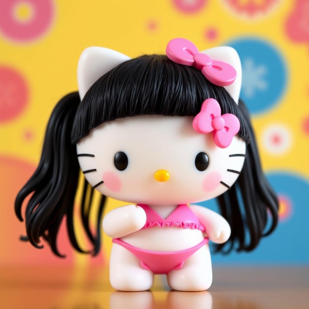 A Hello Kitty character with black hair, wearing a pink bikini, designed to look like a doll