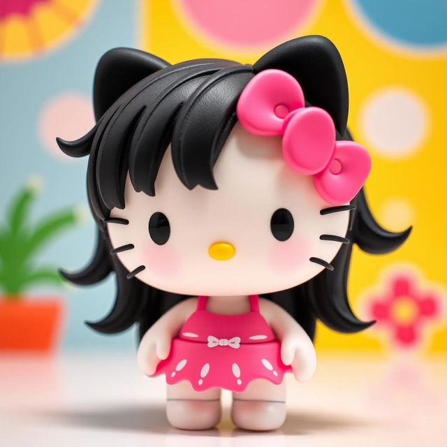 A Hello Kitty character with black hair, wearing a pink bikini, designed to look like a doll