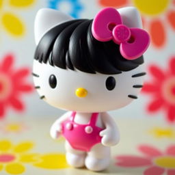 A Hello Kitty character with black hair, wearing a pink bikini, designed to look like a doll