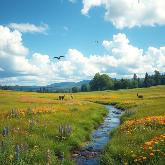 A serene landscape featuring a lush green meadow with colorful wildflowers, a clear blue sky with fluffy white clouds, and a gentle stream flowing through the scene