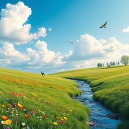 A serene landscape featuring a lush green meadow with colorful wildflowers, a clear blue sky with fluffy white clouds, and a gentle stream flowing through the scene