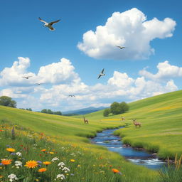 A serene landscape featuring a lush green meadow with colorful wildflowers, a clear blue sky with fluffy white clouds, and a gentle stream flowing through the scene