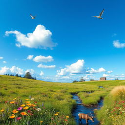 A serene landscape featuring a lush green meadow with colorful wildflowers, a clear blue sky with fluffy white clouds, and a gentle stream flowing through the scene