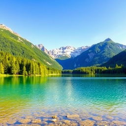 Generate an image with a beautiful landscape featuring a serene lake surrounded by lush green trees and mountains in the background under a clear blue sky