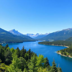 Generate an image with a beautiful landscape featuring a serene lake surrounded by lush green trees and mountains in the background under a clear blue sky