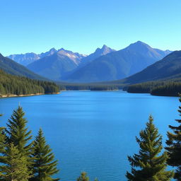 Generate an image with a beautiful landscape featuring a serene lake surrounded by lush green trees and mountains in the background under a clear blue sky