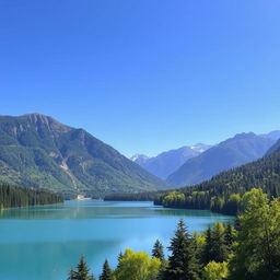 Generate an image with a beautiful landscape featuring a serene lake surrounded by lush green trees and mountains in the background under a clear blue sky