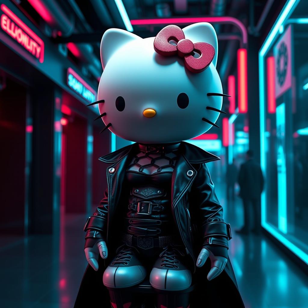 Create an image of Hello Kitty with a female body, dressed in gothic clothes