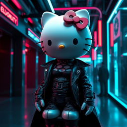 Create an image of Hello Kitty with a female body, dressed in gothic clothes