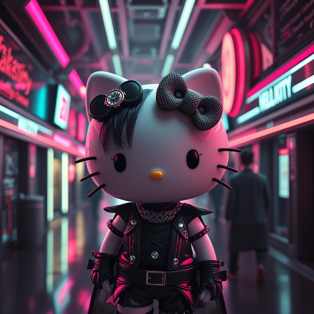 Create an image of Hello Kitty with a female body, dressed in gothic clothes