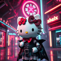 Create an image of Hello Kitty with a female body, dressed in gothic clothes