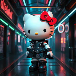 Create an image of Hello Kitty with a female body, dressed in gothic clothes