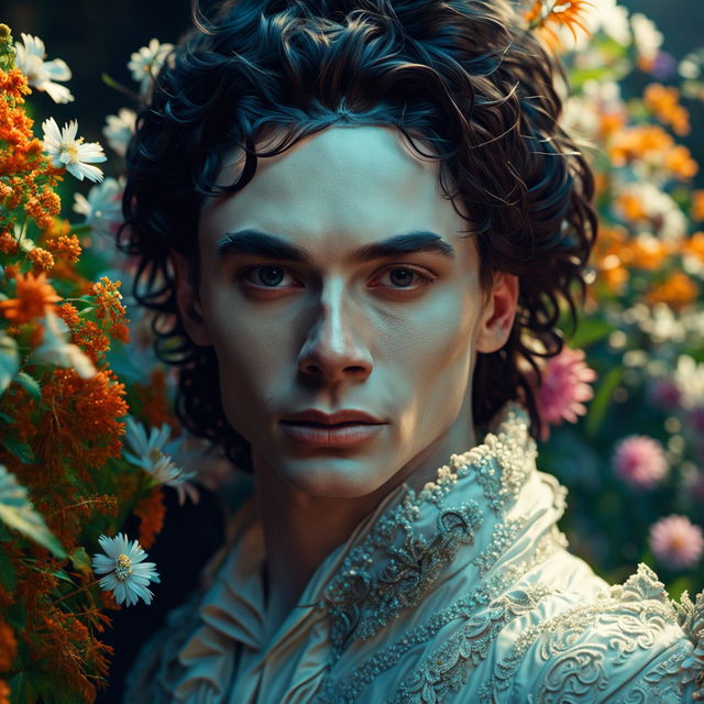 Intense close-up hyper-realistic 3D photograph of an androgynous Russian man in Rococo attire with ultra-high resolution facial features, immaculate composition and lighting in a vibrant mystical forest.