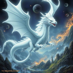 A majestic white dragon soaring through a fantastical landscape inspired by 'The NeverEnding Story'