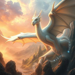 A majestic white dragon soaring through a fantastical landscape inspired by 'The NeverEnding Story'