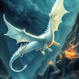 A majestic white dragon soaring through a fantastical landscape inspired by 'The NeverEnding Story'