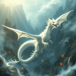 A majestic white dragon soaring through a fantastical landscape inspired by 'The NeverEnding Story'