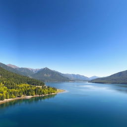 A beautiful landscape featuring a serene lake surrounded by lush green trees, with mountains in the background and a clear blue sky overhead