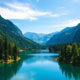 A beautiful landscape featuring a serene lake surrounded by lush green trees, with mountains in the background and a clear blue sky overhead