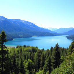 A beautiful landscape featuring a serene lake surrounded by lush green trees, with mountains in the background and a clear blue sky overhead