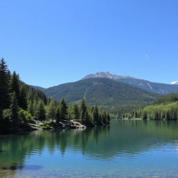 A beautiful landscape featuring a serene lake surrounded by lush green trees, with mountains in the background and a clear blue sky overhead