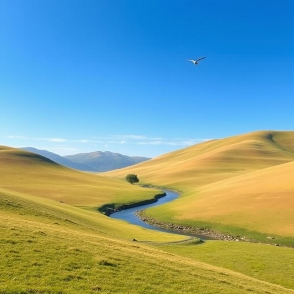 Create an image of a peaceful landscape with rolling hills, a clear blue sky, and a small river running through it