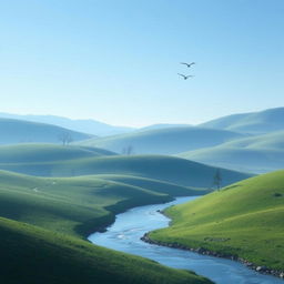 Create an image of a peaceful landscape with rolling hills, a clear blue sky, and a small river running through it