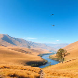 Create an image of a peaceful landscape with rolling hills, a clear blue sky, and a small river running through it