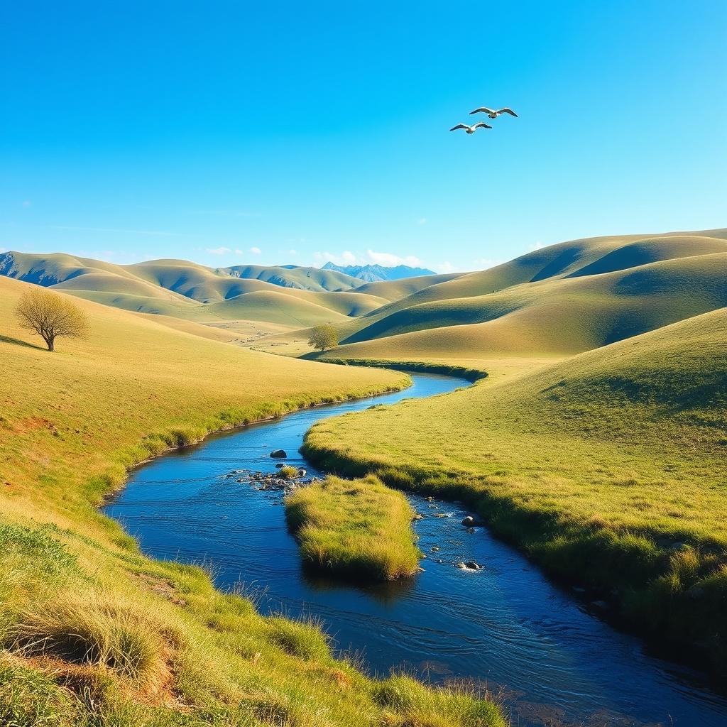 Create an image of a peaceful landscape with rolling hills, a clear blue sky, and a small river running through it