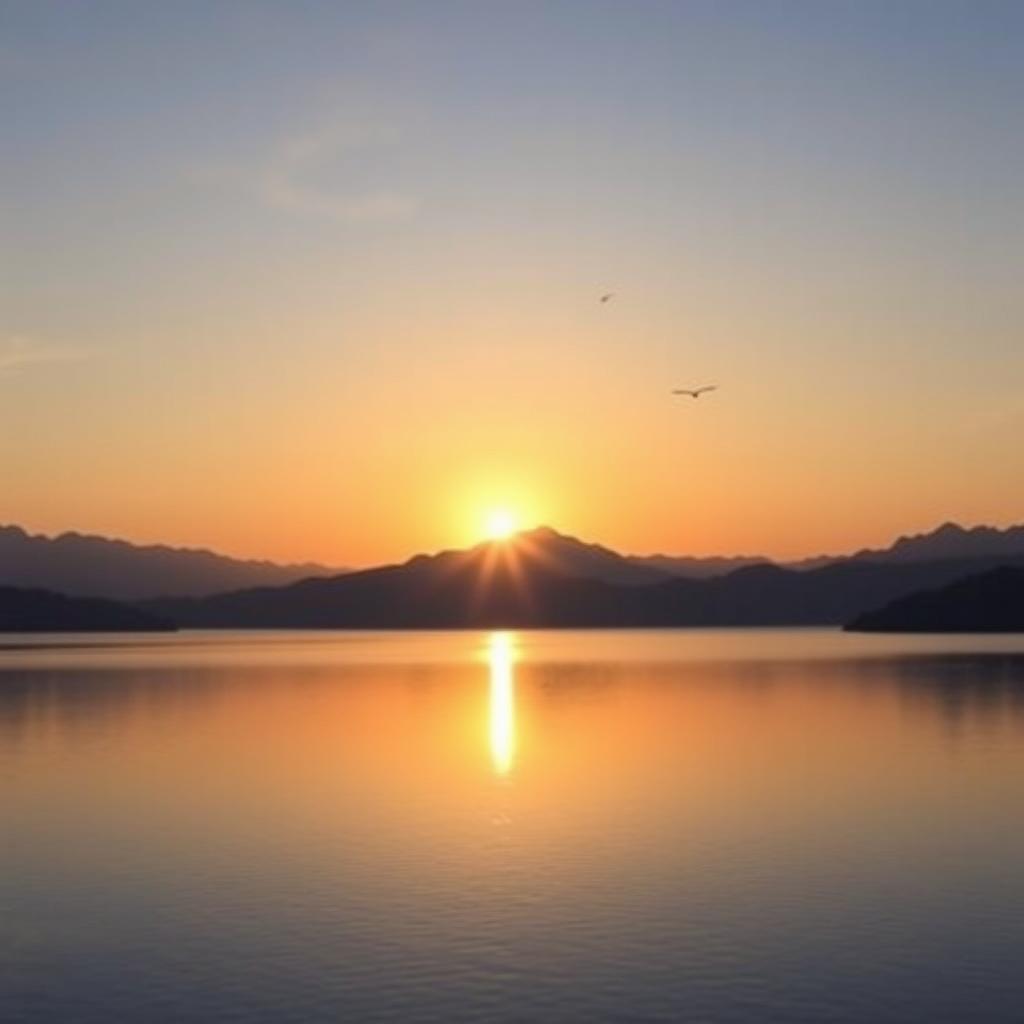 A serene landscape featuring a beautiful sunrise over a calm lake, with mountains in the background and a few birds flying in the sky