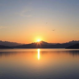 A serene landscape featuring a beautiful sunrise over a calm lake, with mountains in the background and a few birds flying in the sky